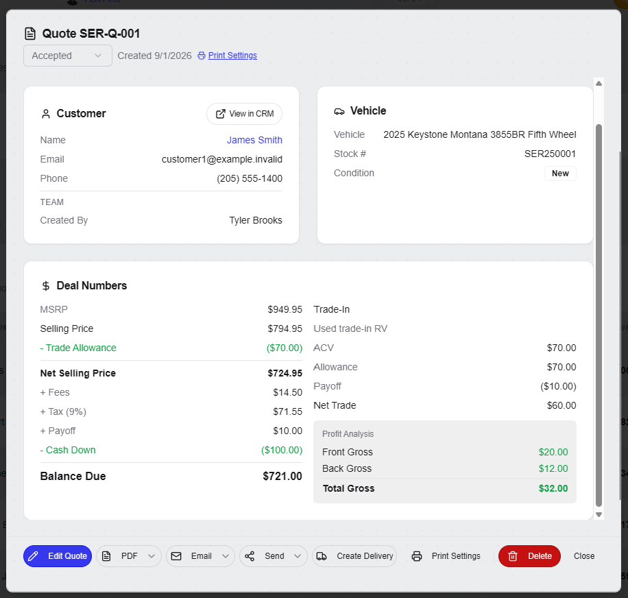 Shiftix Cloud accepted quote detail with deal numbers and breakdown