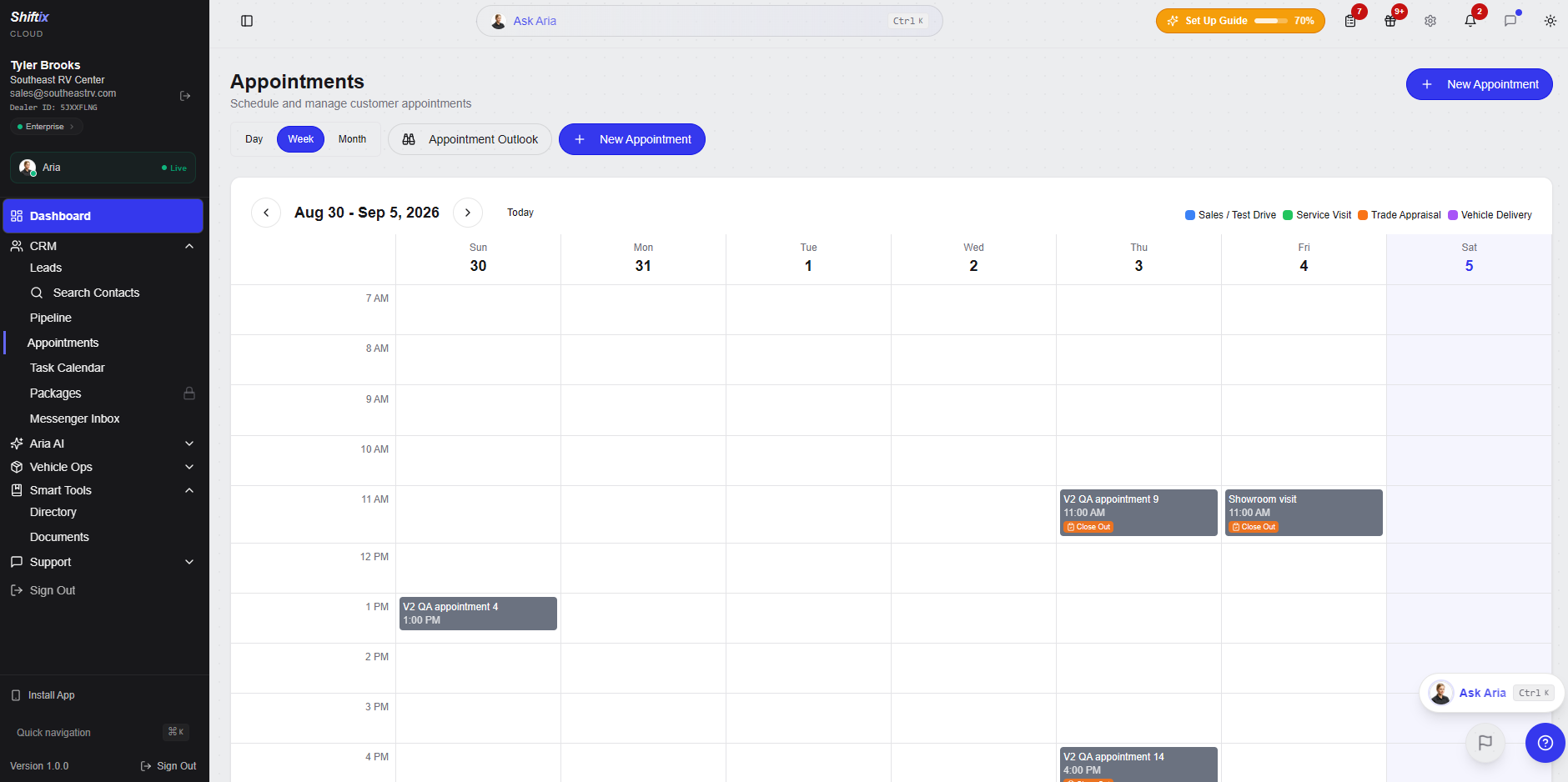 Shiftix Cloud Appointment Calendar showing scheduled test drives and deliveries