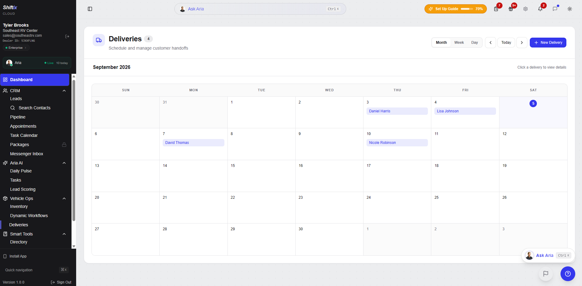 Shiftix Cloud Deliveries calendar showing scheduled customer handoffs