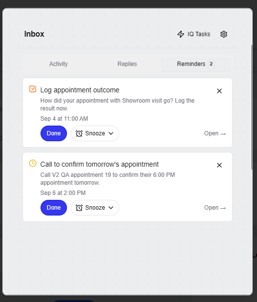 Shiftix Inbox Reminders showing overdue follow-ups and action items