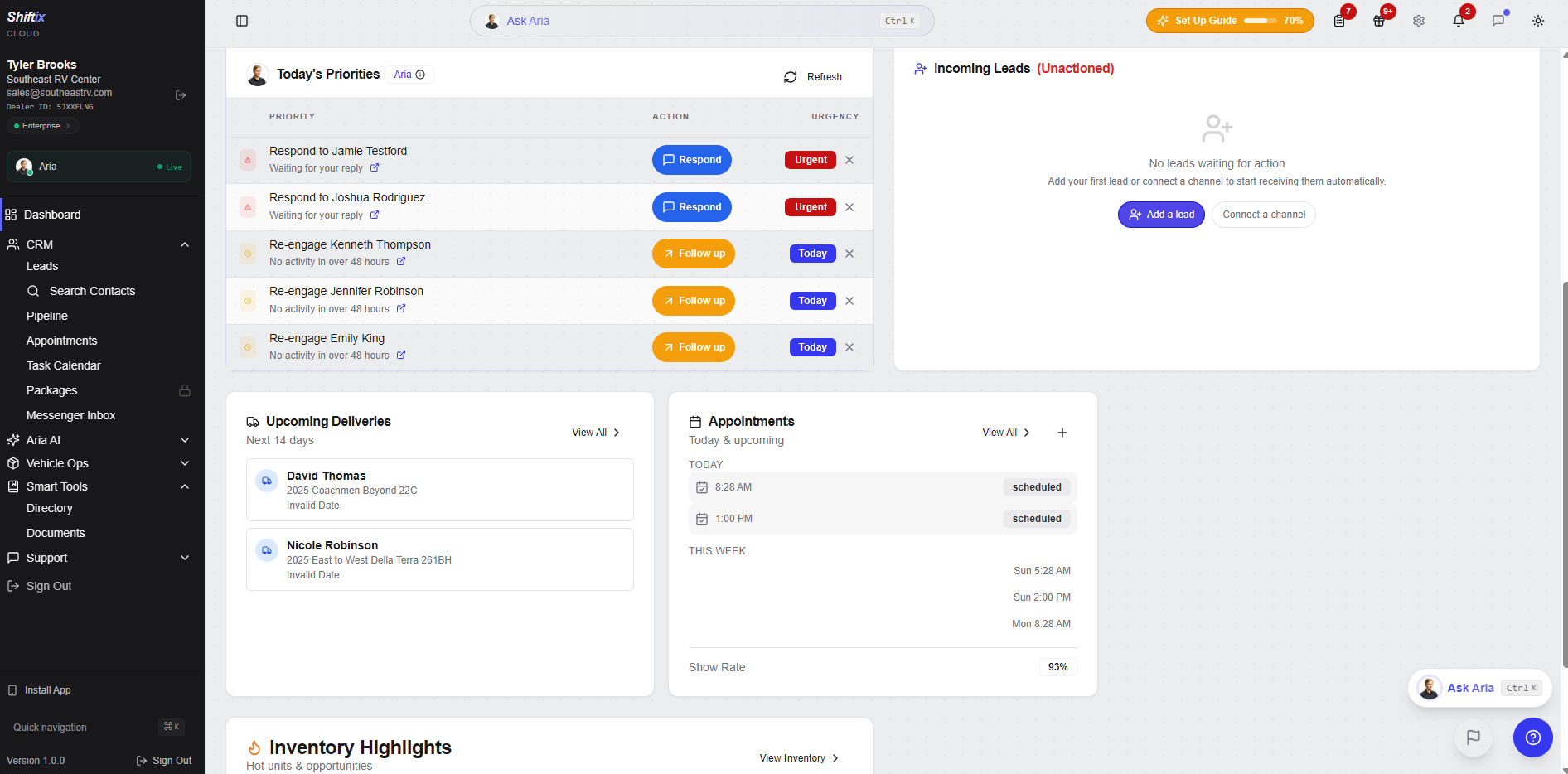 Shiftix Cloud CRM main dashboard with lead pipeline and daily priorities