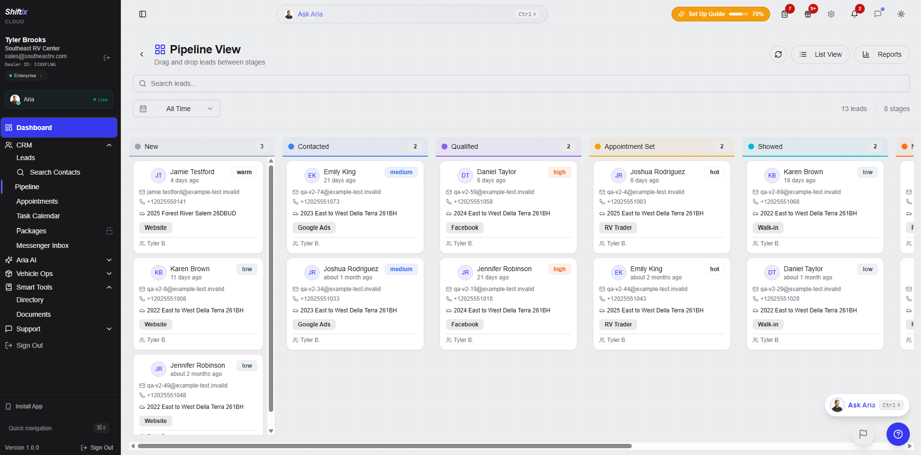 Shiftix Cloud CRM pipeline view with drag-and-drop opportunity management